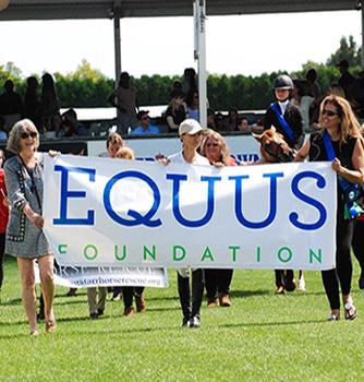 Left to Right: Lynn Coakley, Georgina Bloomberg and Valerie Angeli lead the parade of adoptable horses on opening day of the 2018 Hampton Classic - Photo by Kristin Gray
